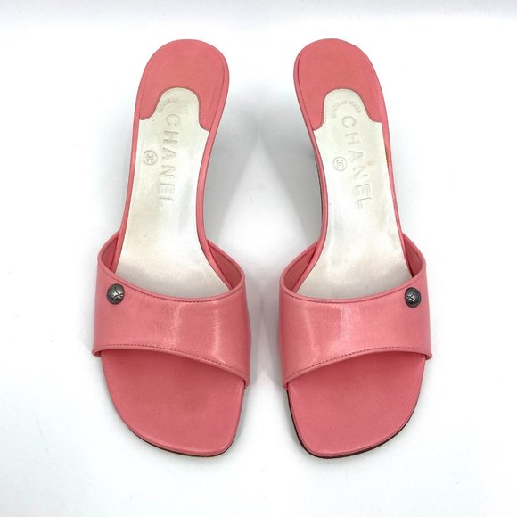 CHANEL Pink Y2K Square Toe Leather Slip On CC Logo Sandals Heels Size 7 - Picture 4 of 7